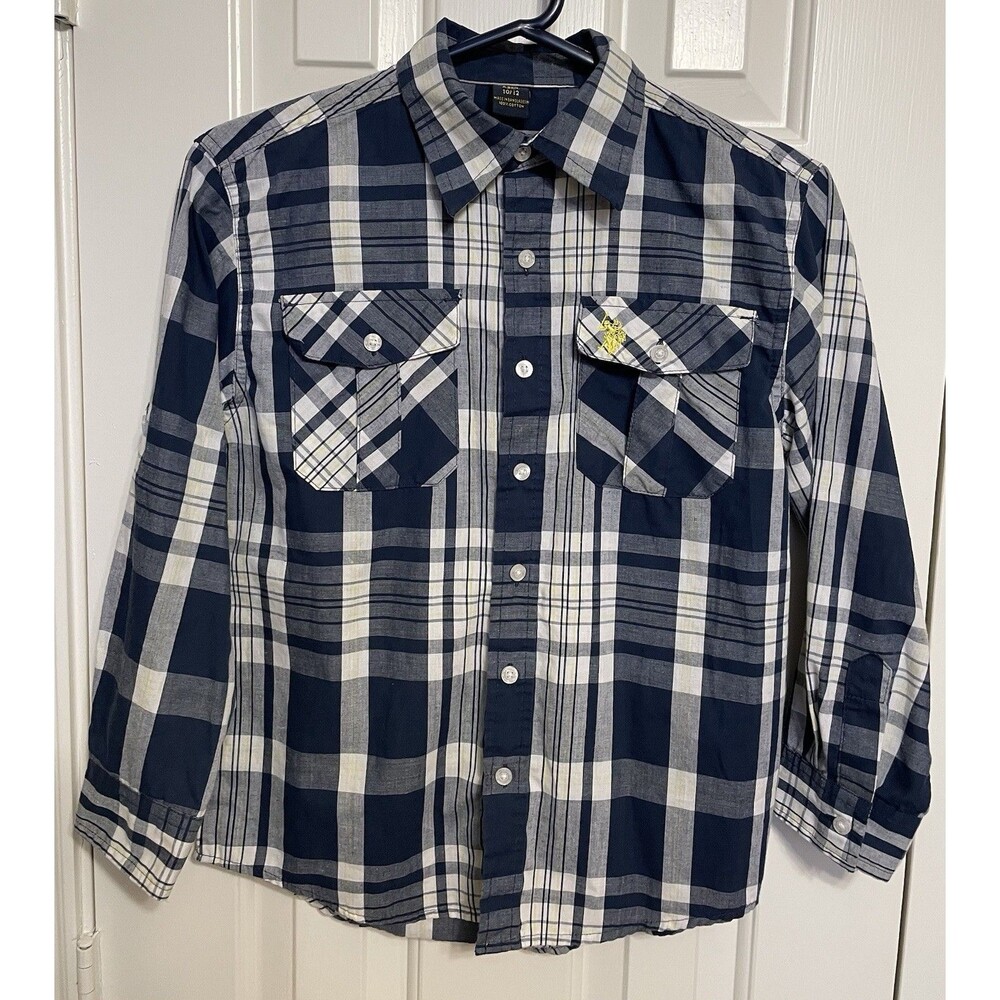 Boy’s U.S. Polo Assn. Button Down Shirt Size 10/12 Navy Blue Plaid Long Sleeves
